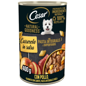Cesar Natural Goodness Casserole in Salsa Con Pollo Carote Pasta Integrale e Mela Cibo Umido Per Cani Lattina 400g