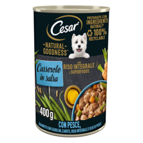 Cesar Natural Goodness Casserole in Salsa Con Pesce Fagiolini Carote Riso e Olio di Pesce Cibo Umido Per Cani Lattina 400g