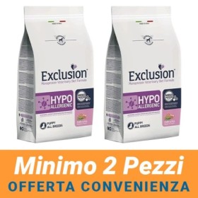 MINIMO 2 CONFEZIONI - Exclusion Cane Monoproteico Veterinary Diet Hypoallergenic Puppy All Breeds Maiale e Piselli Sacco 12 Kg