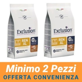 MINIMO 2 CONFEZIONI - Exclusion Cane Monoproteico Veterinary Diet Renal Adulto Medium/Large Maiale/Sorgo/Riso Sacco 12 Kg