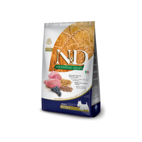 Farmina N&D Ancestral Grain Cane Adult Mini Gusto Agello,Mirtillo,Farro,Avena, Crocchette Cani Adulti con Sacco da 2,5 kg