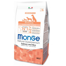 Monge Natural Superpremium Puppy  & Junior All Breeds Gusto Salmone e Riso  per Cani Cuccioli di Tutte le Taglie Busta 800 gr