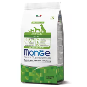 Monge Natural Superpremium All Breeds Adult Gusto Coniglio/Riso/Patate Crocchette Alimento Secco per Cani Adulti Sacco 2.5 Kg