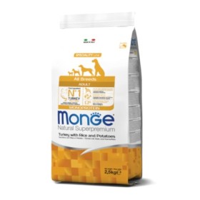 Monge Natural Superpremium Adult All Breeds Gusto Tacchino,Riso,Patate Crocchette Alimento Secco Completo per Cani Sacco 2,5Kg