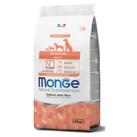 Monge Natural Superpremium Adult All Breeds Gusto Salmone,Riso, Crocchette Alimento Secco Completo per Cani Sacco 2,5 Kg