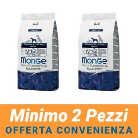 MINIMO 2 CONFEZIONI - Monge Natural Superpremium Medium Senior Gusto Pollo Crocchette per Cane Anziano Taglia Media 12 kg