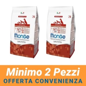 MINIMO 2 CONFEZIONI - Monge Natural Superpremium Pupp & Junior All Breeds Gusto Agnello e Riso Crocchette per Cani Sacco 12 Kg