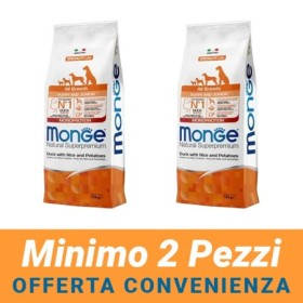 MINIMO 2 CONFEZIONI - Monge Natural Superpremium Puppy All Breeds Gusto Anatra,Riso,Patate Crocchette per Cani Sacco 12 Kg