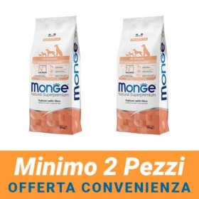 MINIMO 2 CONFEZIONI - Monge Natural Superpremium Puppy  & Junior All Breeds Salmone-Riso per Cani Cuccioli di Ogni Taglia 12Kg
