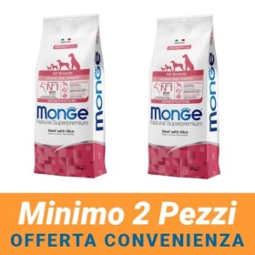 MINIMO 2 CONFEZIONI - Monge Natural Superpremium Puppy & Junior Gusto Manzo- Riso per Cani Cuccioli di Tutte le Taglie 12 Kg
