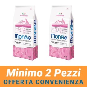 MINIMO 2 CONFEZIONI - Monge Natural Superpremium Adult All Breeds Gusto Maiale e Riso Crocchette per Cani Sacco 12  Kg