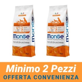 MINIMO 2 CONFEZIONI - Monge Natural Superpremium All Breeds Adult Gusto Anatra,Riso Patate Crocchette per Cani Adulti 12 kg