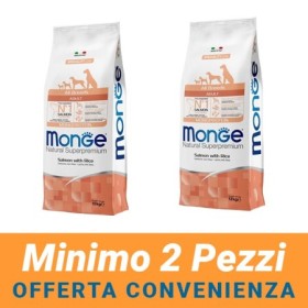 MINIMO 2 CONFEZIONI - Monge Natural Superpremium Adult All Breeds Gusto Salmone,Riso, Crocchette per Cani Sacco 12 Kg