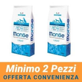 MINIMO 2 CONFEZIONI - Monge Natural Superpremium Light Cane Gusto Salmone e Riso Crocchette per Cani Sacco 12  Kg