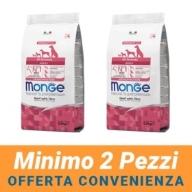 MINIMO 2 CONFEZIONI - Monge Natural Superpremium Adult All Breeds Gusto Manzo,Riso Crocchette per Cani Sacco 12 Kg