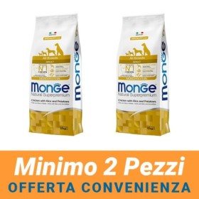 MINIMO 2 CONFEZIONI - Monge Natural Superpremium Adult All Breeds Gusto Pollo,Riso,Patate Crocchette per Cani Sacco 12 Kg